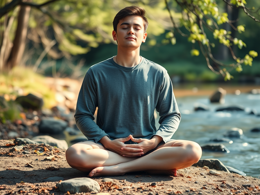 Person meditating in a peaceful environment.