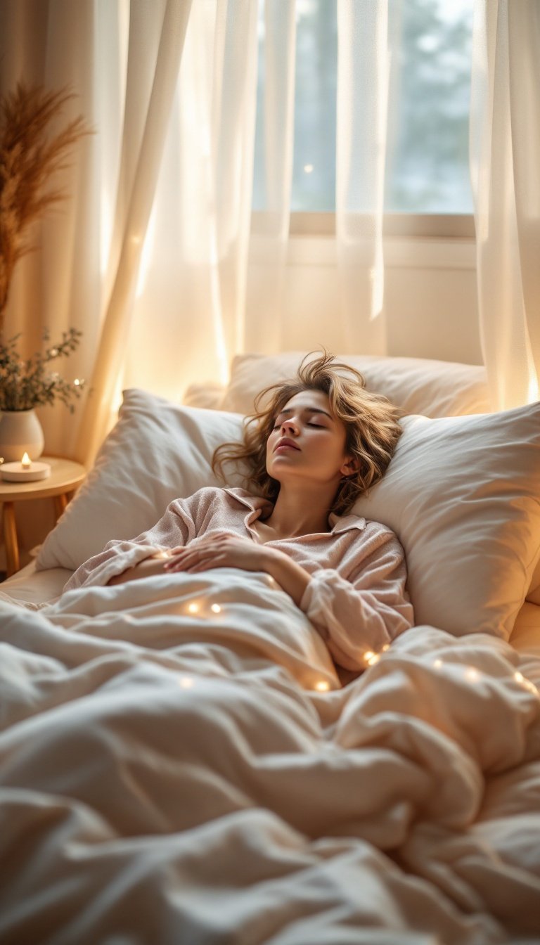 Serene bedroom environment with comfortable bedding, dim lighting, and a person practicing meditation. The Role of Rest and Sleep, balance Your life