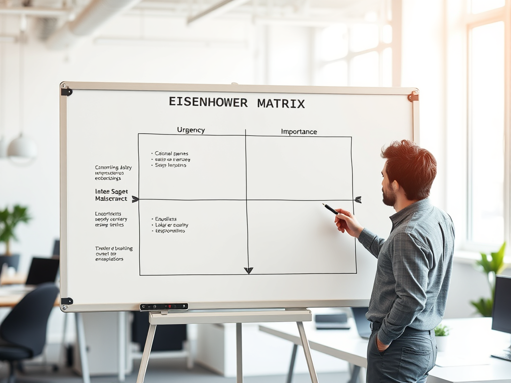 A person organizing tasks using the Eisenhower Matrix on a whiteboard.