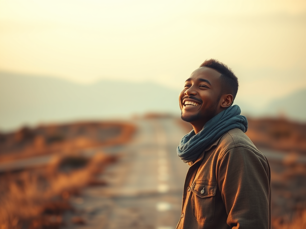 A person standing at a crossroads, contemplating their path, with a serene background symbolizing peace and success.