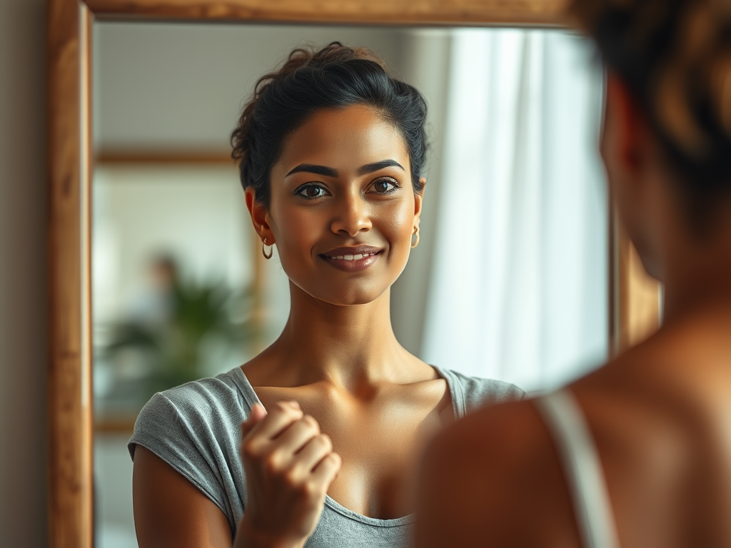 A person standing in front of a mirror, confidently reciting affirmations.