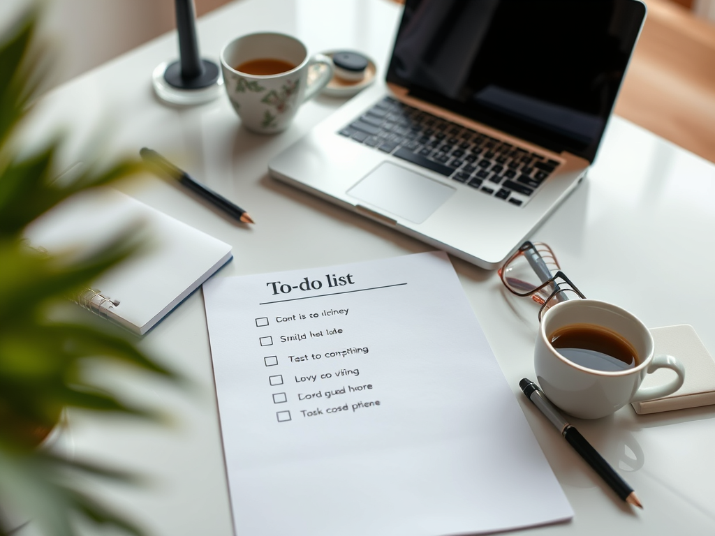 A person writing a to-do list on a notepad with a cup of coffee beside them.