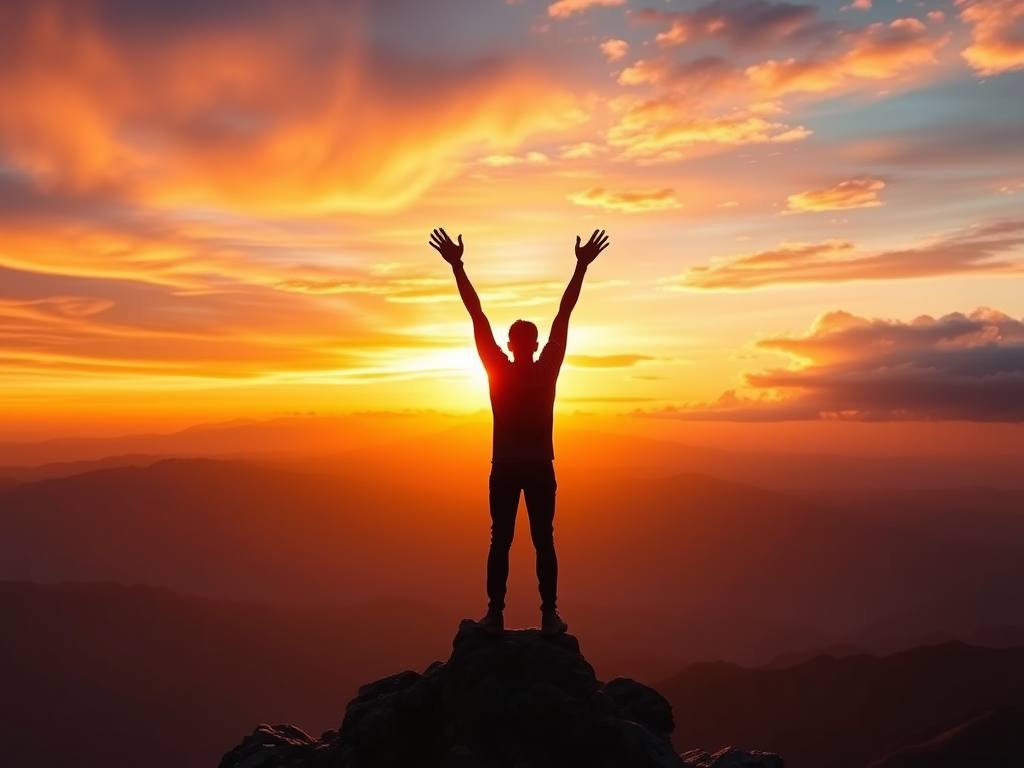 Unleash Inner legend. A person standing on a mountain peak, arms raised in triumph, with the sunrise in the background.