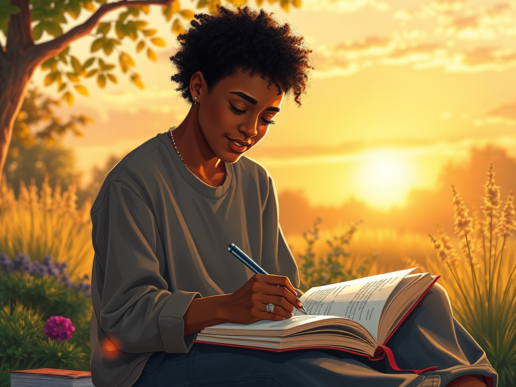 A person writing in a gratitude journal with a peaceful smile on their face.