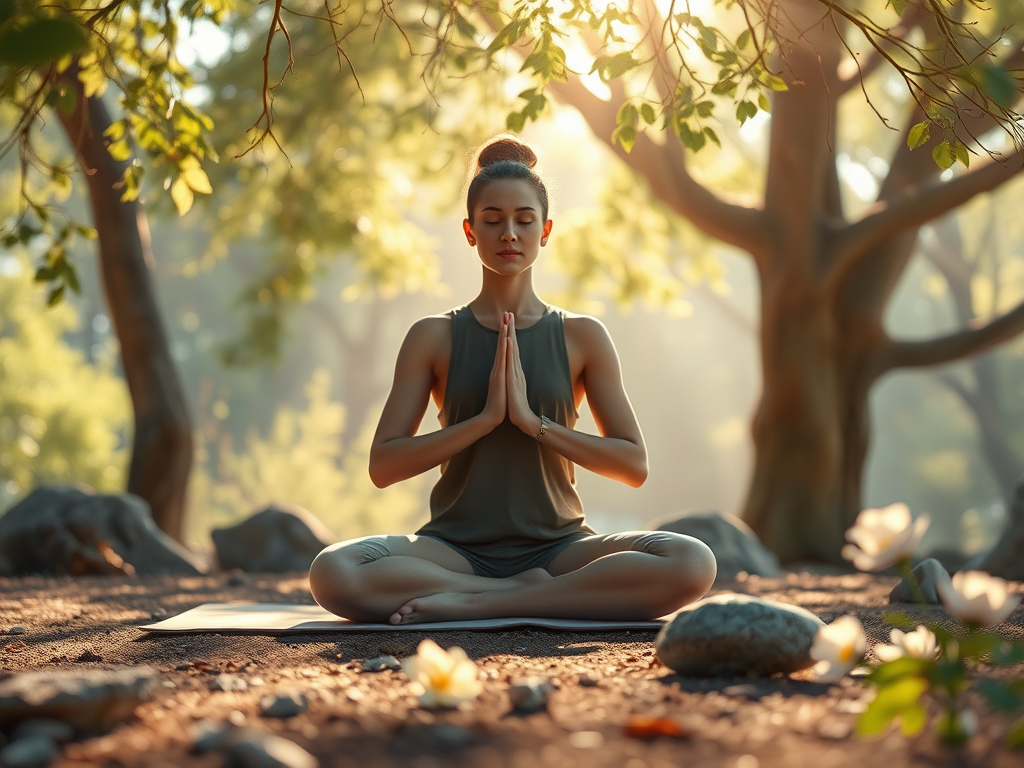 A person sitting cross-legged on a mat, eyes closed, practicing mindful breathing. Let's make today mindful and amazing! 🌿