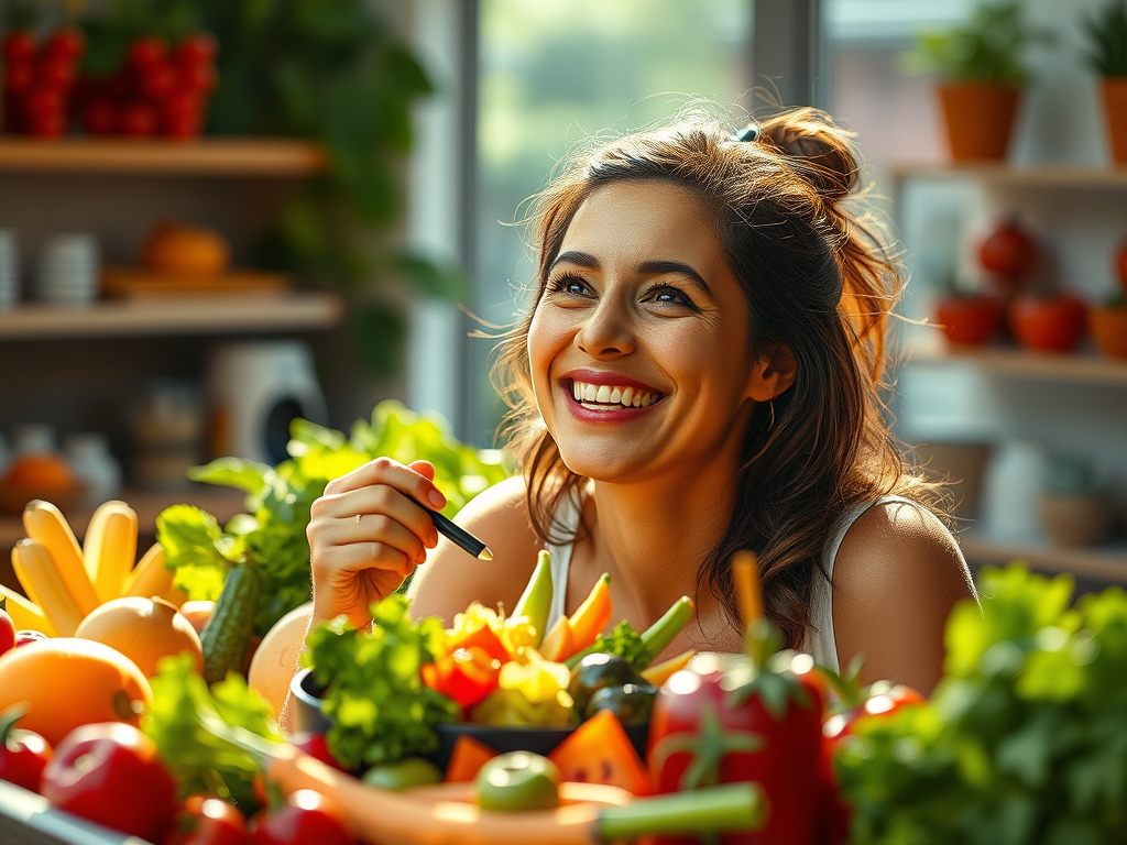 A person enjoying a healthy meal, exercising, and getting a good night's sleep.