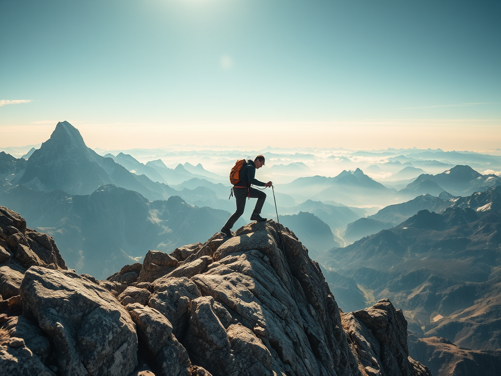 A person ascending a mountain, representing the path to self-improvement and achieving goals.